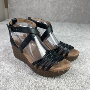 Vionic Clarisa Raffial Open Toe Wedge Sandals‎ 9 Black Leather Comfort Classic